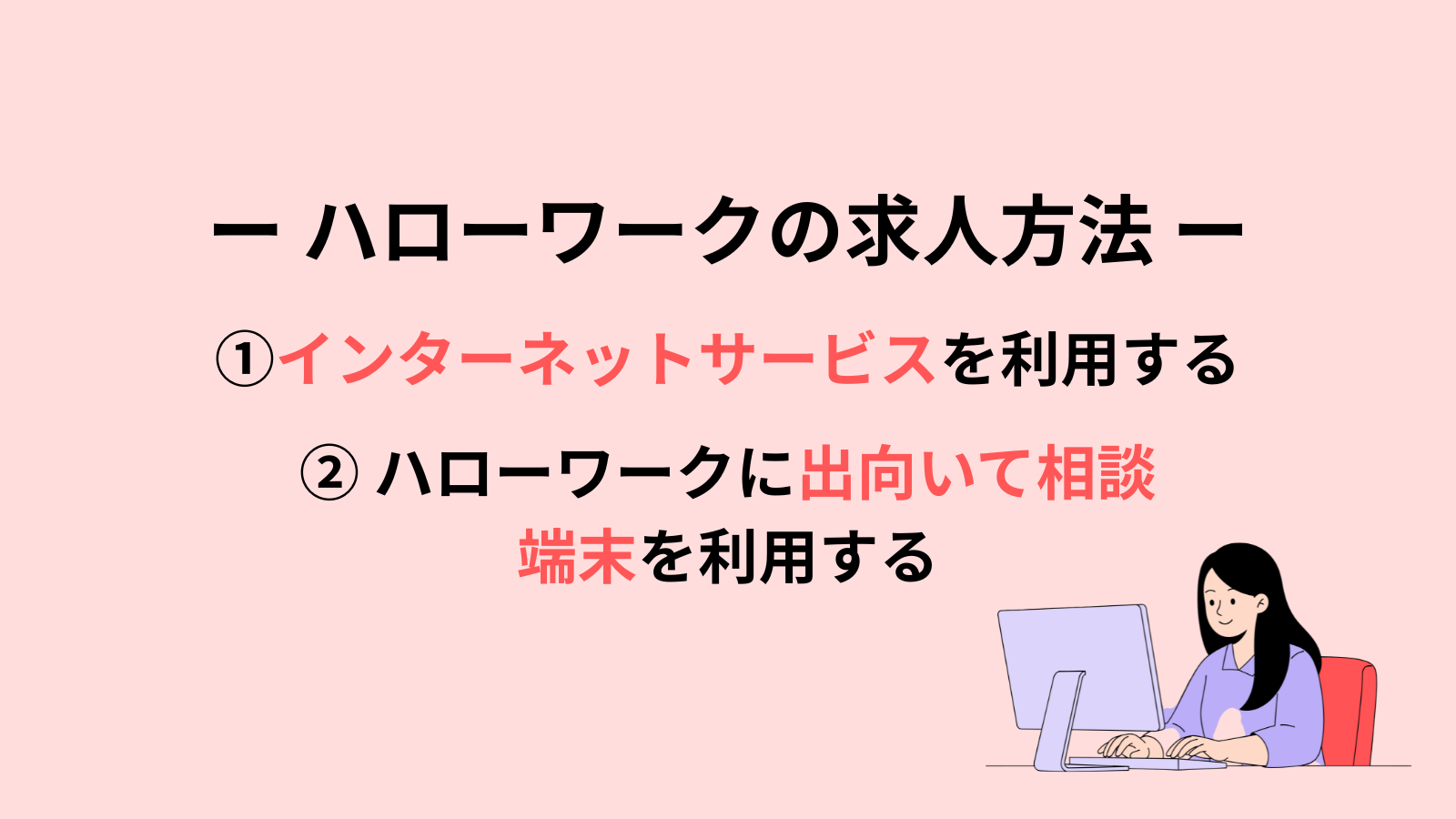 ー ハローワークの求人方法 ー①インターネットサービスを利用する
② ハローワークに出向いて相談
端末を利用する