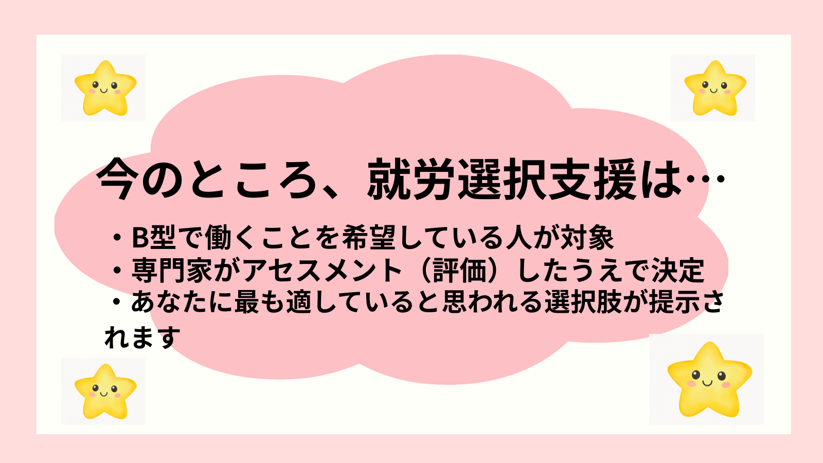 今のところ、就労選択支援は…・B型で働くことを希望している人が対象、・専門家がアセスメント（評価）したうえで決定、・あなたに最も適していると思われる選択肢が提示さ　　れます