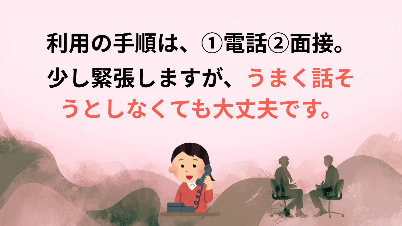利用の手順は、①電話②面接、少し緊張しますが、うまく話そうとしなくても大丈夫です。