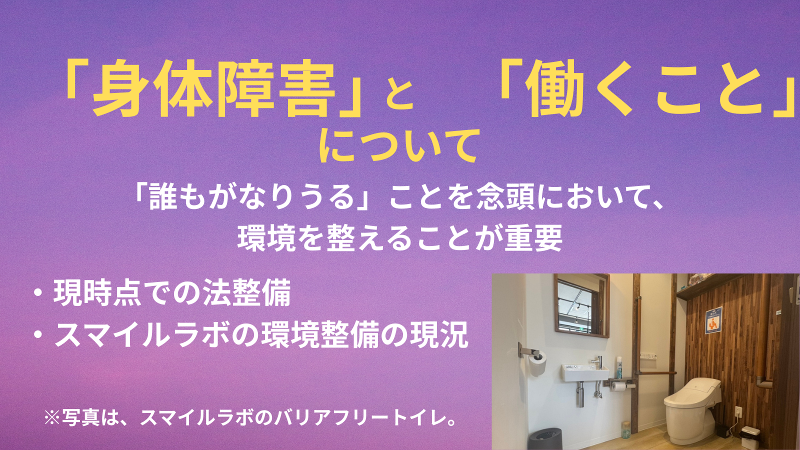 「身体障害」 「働くこと」について「誰もがなりうる」ことを念頭において、 環境を整えることが重要・現時点での法整備 ・スマイルラボの環境整備の現況※写真は、スマイルラボのバリアフリートイレ。
